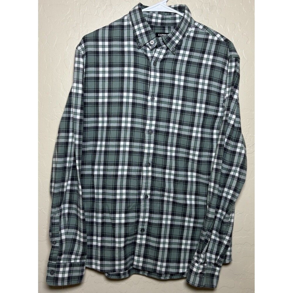 Express Mens M Green Plaid Flannel Shirt Stretch Cotton Button Down Long Sleeve